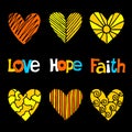 Christian inscriptions and hearts drawn by hand. Biblical vector illustrations and icons