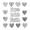 Christian inscriptions and hearts drawn by hand. Biblical vector illustrations and icons