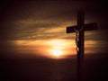 Christian inspirational background. Crucifix, cross over dark night dawn landscape background. Maybe religious Easter.