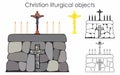 Christian liturgical objects and stone table. Black fill. Outline only.