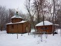 Christian log church in the snow. Winter season. Kyiv, Ukraine Royalty Free Stock Photo