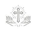 Christian Logo. Religious community symbol, icon. Hands and cross, vector illustration Royalty Free Stock Photo