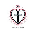 Christian Love and True Belief in God vector creative symbol design, combined with Christian Cross and heart, vector logo or sign. Royalty Free Stock Photo