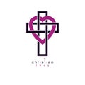 Christian Love and True Belief in God vector creative symbol design, combined with Christian Cross and heart.