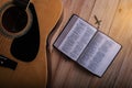 Christian man Bible study. Bible, books and guitar worship God. freedom. Worship of God that respects and loves our God. Royalty Free Stock Photo