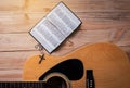 Christian man Bible study. Bible, books and guitar worship God. freedom. Worship of God that respects and loves our God. Royalty Free Stock Photo