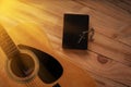 Christian man Bible study. Bible, books and guitar worship God. freedom. Worship of God that respects and loves our God. Royalty Free Stock Photo