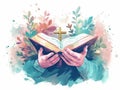 Christian man reading the holy bible. Watercolor hand drawn illustration. Generative AI Royalty Free Stock Photo
