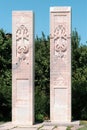 Armenia, Echmiadzin, September 2021. Two modern khachkars on the site in the park.