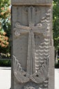 Armenia, Echmiadzin, September 2021. Beautiful old khachkar in the park.