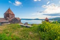christian monastery Sevanavank and lake Sevan at sunset Royalty Free Stock Photo