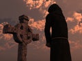 Christian monk with his head bowed, meditating. A stoned cross exists at sunset background