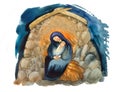 Christian nativity scene: Mary with Jesus Christ as a baby in a cave in a stable. Holy night of bethlehem. Merry Christmas