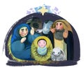 Christian nativity scene. Virgin Mary, Jesus Christ in the manger, Joseph, animals, holy night with the star of Bethlehem. Merry Royalty Free Stock Photo