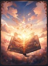 Christian open bible and sunset in the style of richly colored skies, realistic hyperbole, sunrays shine upon it. Generative Ai Royalty Free Stock Photo