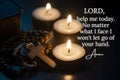 Christian prayer text seeking for help with Holy Rosary and burning candles background. Christian prayer and religion