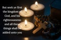 Christian prayer text on seeking the Kingdom of God with Holy Rosary, Bible and burning candles background. Christian Royalty Free Stock Photo