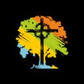 Christian print. Cross, crown of thorns, on colorful tree