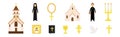 Christian Religion Attributes with Candle, Church and Man and Woman Priest Vector Set