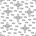 Christian seamless pattern. Background with fish and crosses. Baptism and catholic religious symbols