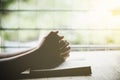 Christian senior woman praying to God at home in the morning Royalty Free Stock Photo