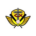 Christian sports logo. The golden shield, the cross of Jesus, the sign of the fish, the wings, and the baseball with the bat