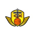Christian sports logo. The golden shield, the cross of Jesus, the sign of the fish, the wings, and the basketball Royalty Free Stock Photo