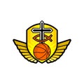 Christian sports logo. The golden shield, the cross of Jesus, the sign of the fish, the wings, and the basketball