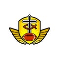 Christian sports logo. The golden shield, the cross of Jesus, the sign of the fish, the wings, and the rugby ball Royalty Free Stock Photo