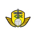 Christian sports logo. The golden shield, the cross of Jesus, the sign of the fish, the wings, and the volleyball Royalty Free Stock Photo