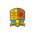 Christian sports logo. Shield and goblet, cross of Jesus, crown of king. The ball of rugby. Emblem for competition, club, camp