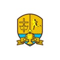 Christian sports logo. Shield and goblet, cross of Jesus, crown of king. Running Man. Emblem for competition, club, camp