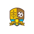 Christian sports logo. Shield and goblet, cross of Jesus, crown of king. Soccer ball. Emblem for competition, club, camp