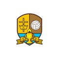 Christian sports logo. Shield and goblet, cross of Jesus, crown of king. Volleyball. Emblem for competition, club, camp