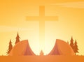 Christian summer camp. Evening Camping. Cross. Vector illustration.