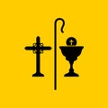 Christian symbols. The cross of Jesus, the cup of communion and the staff of the shepherd