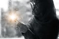 Christian woman with cross in hands praying hope and worship on the raindrop background. Abstract lighting. Eucharist therapy bles Royalty Free Stock Photo