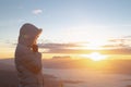 Christian woman hands praying to god on the mountain background with morning sunrise. Woman Pray for god blessing to wishing have Royalty Free Stock Photo