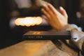 Christian woman reading bible in an ancient Catholic temple. Reading the Holy Bible in temple Royalty Free Stock Photo