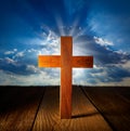 Christian wood cross on blue sky wooden Royalty Free Stock Photo