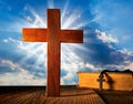 Christian wood cross on blue sky Royalty Free Stock Photo