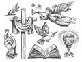 Christian wooden cross, Blessing hand, Flying dove with olive branch, Angel, Open bible, Holy Grail. Religion symbols Royalty Free Stock Photo