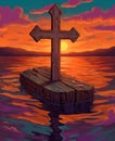 wooden cross on the background of sunset, in the water Royalty Free Stock Photo