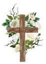 Christian wooden cross decorated with white roses and leaves Royalty Free Stock Photo