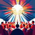 Christian worship. Crowd of people praying. Vector illustration in flat style AI generated