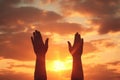 Christian Worship And Praise Concept Hands Rising Against Sunset Background