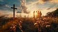 Christian young people around wooden christian cross. Christian community and faith in Jesus Christ concept Royalty Free Stock Photo