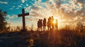 Christian young people around wooden christian cross. Christian community and faith in Jesus Christ concept Royalty Free Stock Photo