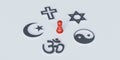 Christianity, Catholicism, Buddhism, Judaism, Islam symbols on with red wooden dummy. chosing between religions or conflict 3d