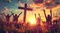 Christianity concept with worshipers raising hands up in front of religious cross.